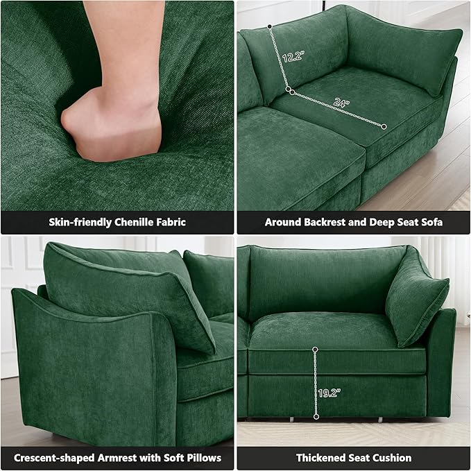 Modular Sectional Sofa with Pull Out Storage Drawers 112.6 L-Shaped Comfy Chenille 3-Seat Sofa with Storage Ottoman Upholstered Deep Seat Couch with 2 Armrest Pillows for Living Room Green