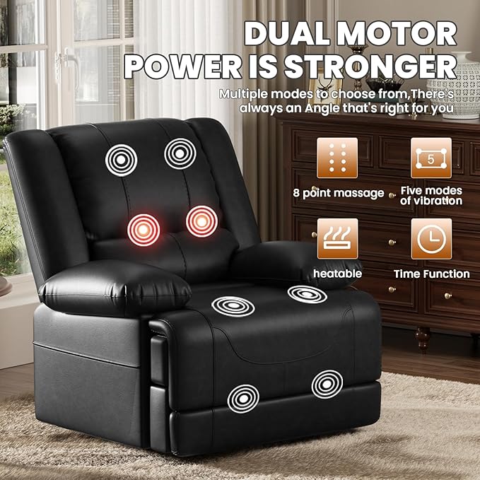 Large Dual Motor Power Lift Recliner Chair with Massage and Heat for Elderly People Infinite PositionUSB Ports and Remote ControlBreathable Leather (Black)