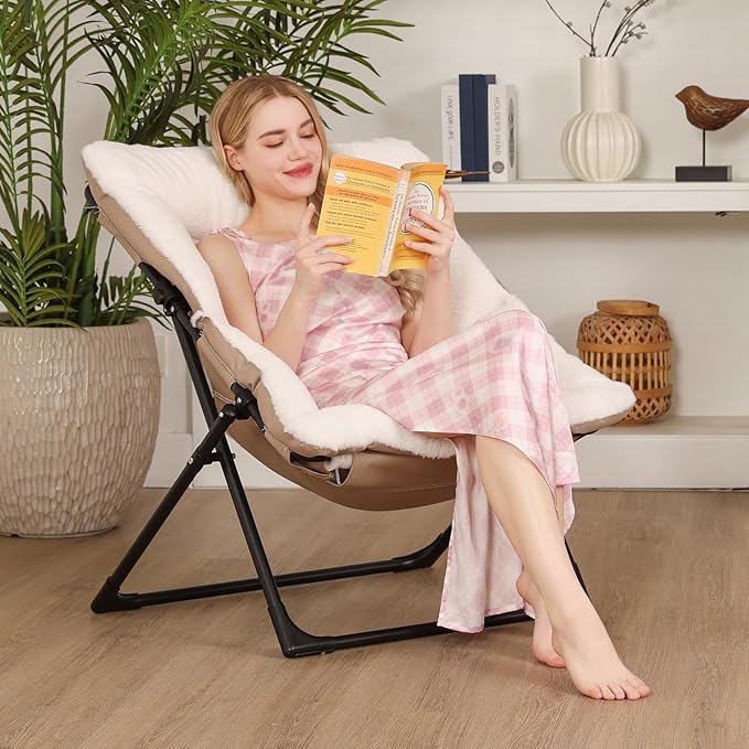 Comfy Saucer Chair for Adults Soft Faux Fur Bedroom Chair Accent Dorm Chairs Flexible Living Room Reading Chairs Oversized Folding Seat for Teens X-Large White
