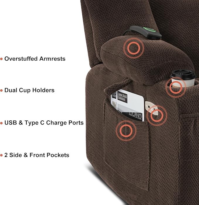MCombo Zero Gravity Power Recliner Chair with Heat and Vibration Massage Reclining Chair with USB &amp Type C Ports Cup Holders for Living Room Fabric 8015 (Brown)
