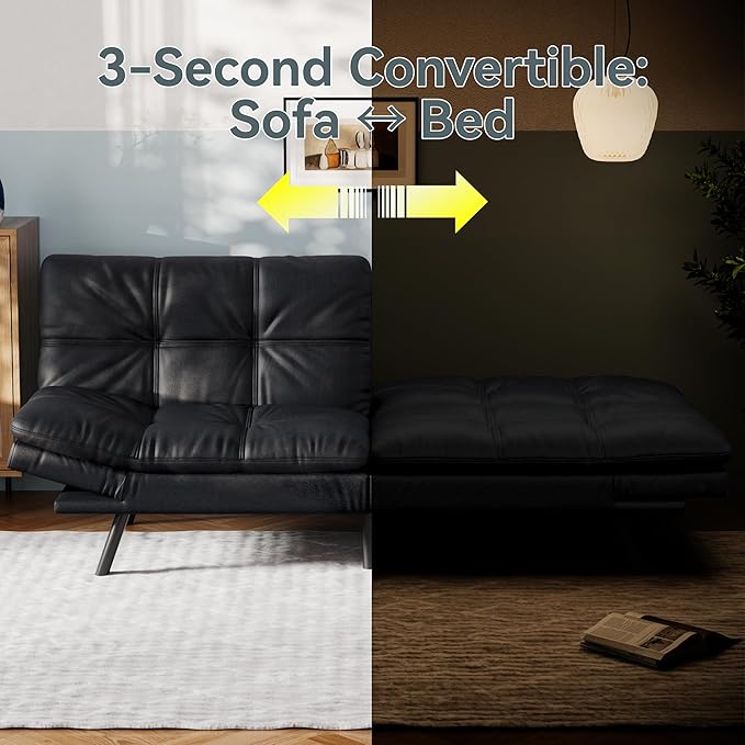 Vyfipt Convertible Futon Sofa Bed Black Faux Leather Futon Couch with Adjustable Backrest &amp Armrests Folding Small Recliner Sleeper Sofa Bed for Living Room Apartment Office