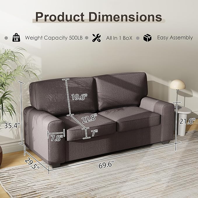 69.6 Modern Loveseat Sofa with Chenille Fabric - Deep Seat 2-Seater Couch Spring Cushion &amp Sturdy Metal Frame Cozy Small Sofa for Living Room Bedroom Office Apartment (Gray) | Loveseat Sofa