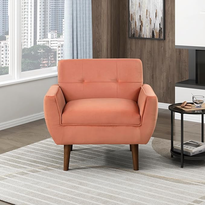 Lexicon Mid Century Modern Accent Chair with Dark Brown Solid Wood Leg Velvet Upholstered Living Room Chair Lounge Arm Chair Tufted Detail Single Sofa Chair Comfortable Reading Chair Orange