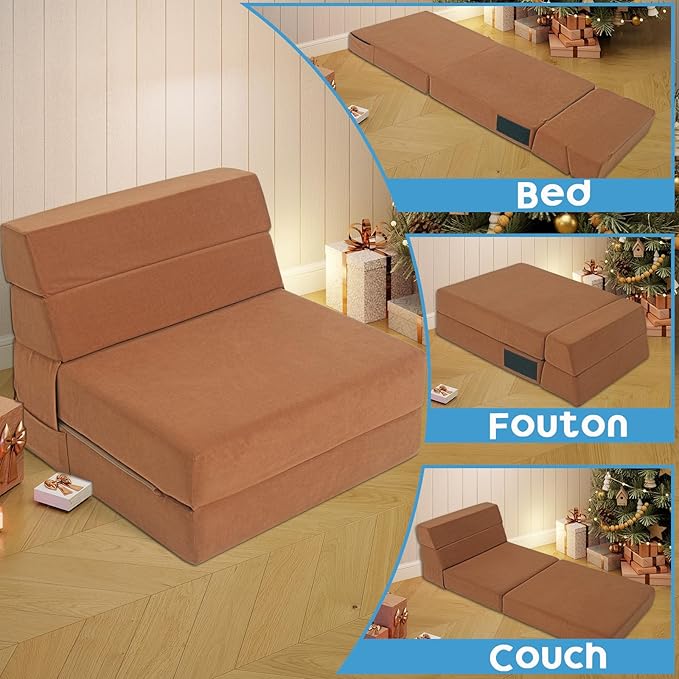Folding Sofa Bed 4 in 1 Convertible Sleeper Chair with Washable Cover Memory Foam Fold Out Chair Bed Foldable Mattress with Back Support for Living Room Dorm Guest Room Home Office Coffee Brown