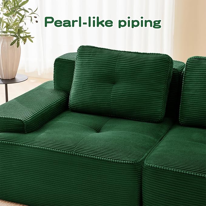 82 Modern Compressed Boneless Love Seat Couches 2 Seater Large Sectional Couches for Living Room Green Corduroy Cloud Modular Sectional Sofa Memory Foam Extra Deep Loveseat No Assembly