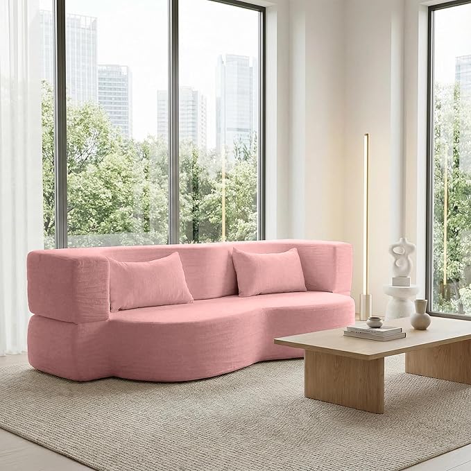 Modern Convertible Sleeper Sofa BedCompact Couch Loveseat Sofa Curved Seating Floor Couch Comfy Teddy Fabric SofaSoft Cloud Couch with Pillows for Apartment Living Room Bedroom (Pink)