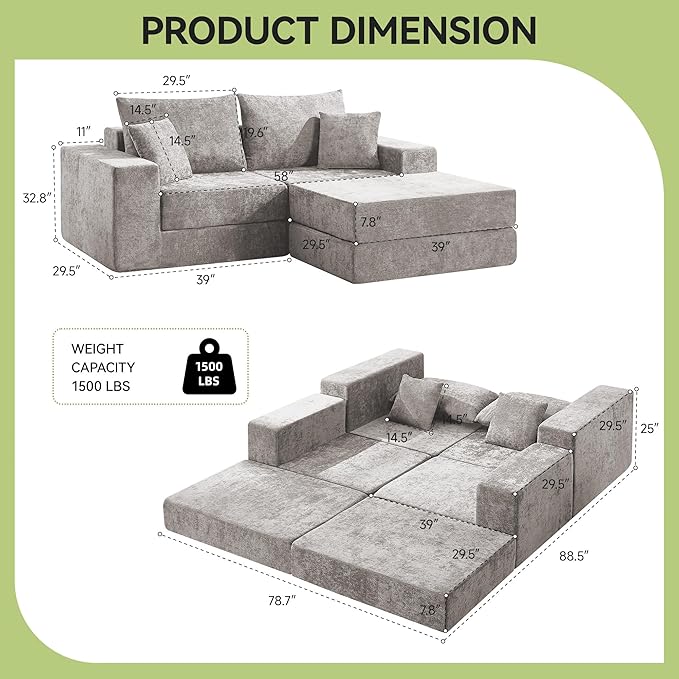 79 Boneless Loveseat Sofa Couch Modular Foldable Floor Cloud Sofa with Ottoman Lounge Convertible Sofa Bed for Living Room No Assembly Chenille Light Grey