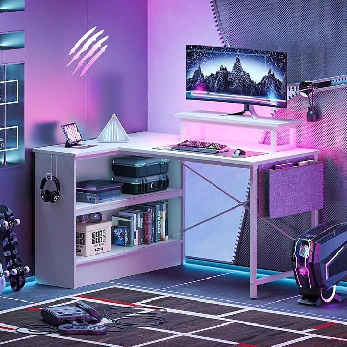 Bestier L Shaped Gaming Desk with LED Lights 42 Inch Computer Desk with Monitor Stand &amp Open Storage CabinetWriting Study Corner Desk for Home Office Bedroom White