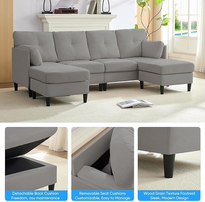 PUREMIND Sectional Home Sofa Living Room Modern U-Shaped Sofa Couches with Double Chaise Upholstered 4 Seater Sofa for Living Room Apartment Light Grey
