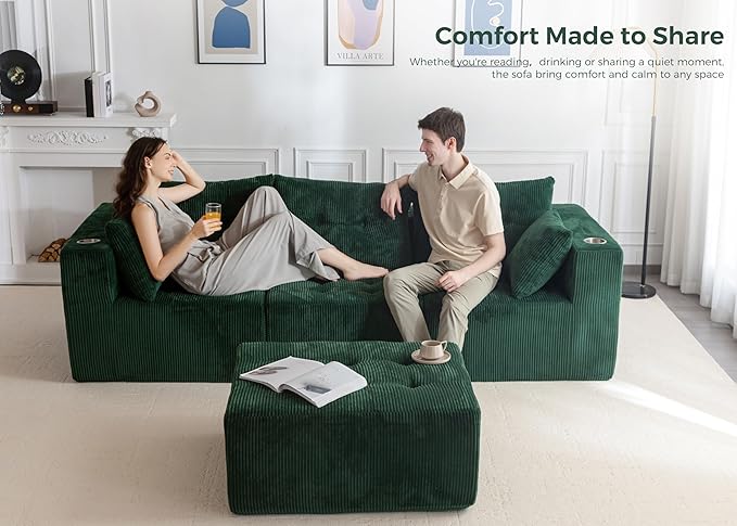 MAXYOYO Modular Sectional Sofa Couch L Shaped Modern Cloud Couch with Ottoman Sofa in A Box Tufted 4-Seat Boneless Sleeper Chair for Living Room No Assembly Required Green