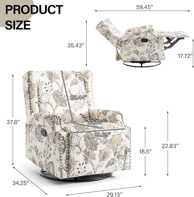 Swivel Rocker Recliner Chair Manual Nursery Glider Recliner Floral Fabric Wingback Accent Chair with Adjustable Backrest &amp Footrest for Small Spaces Living Room Bedroom (Plants Beige Set of 1)