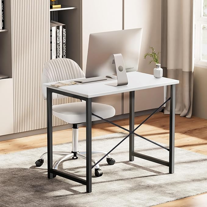 OLIXIS 47 Inch Computer Office Desk for Small Spaces Writing Gaming Work Desk Modern Study Table with Metal Frame Home Bedroom White