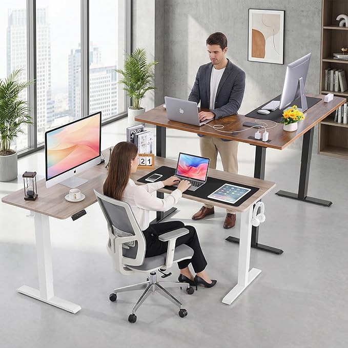 farexon 63x55 Inch L Shaped Standing Desk with Outlets Electric Adjustable Height Stand Up Desk Corner sit Stand Desk with Mouse Pad Hook Home Office Writing Gaming Computer Workstation Oak Grey