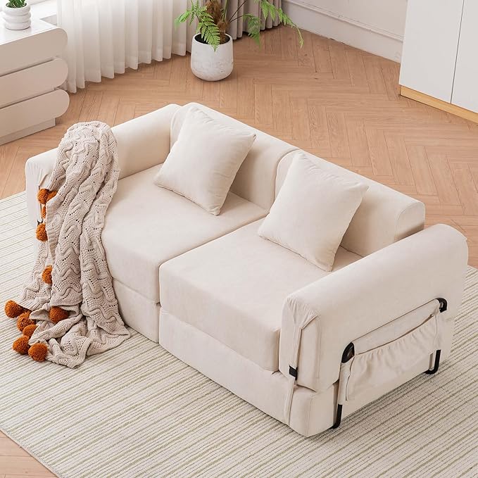 Cloud Modular Sectional Sofa Foldable Floor Couch Bed Convertible Sleeper Sofa Bed Fold Out Boneless Couches for Living Room Office Guest Room Apartment (Loveseat Beige)