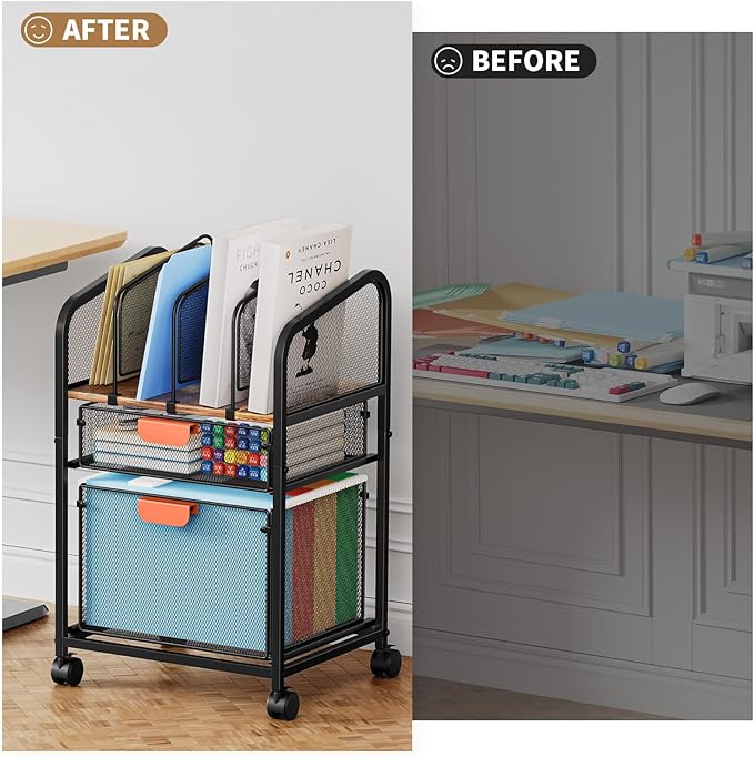 Marbrasse Rolling File Cart with Adjustable Dividers Mobile File Cabinet on Lockable Wheels Office Filing Cabinet Organizer Hanging File Folder Organizer for Home Office - Dark Brown