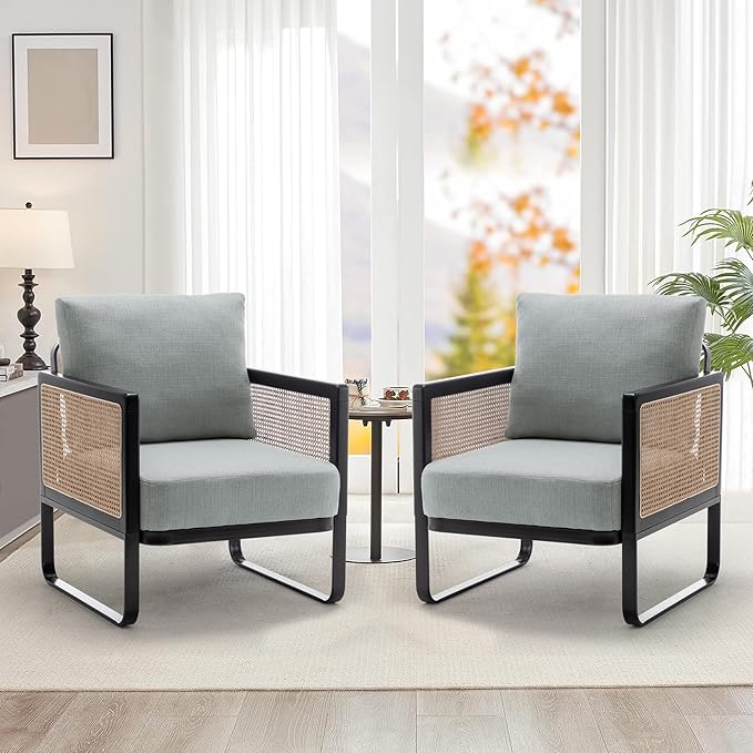 WENTMENT Rattan Accent Chairs Set of 2 Sofa Chair with Natural Rattan Armrest and Removable Backrest Upholstered Living Room Chair Lounge Chair for Reception Room/Hosting Room/Bedroom(Grey)