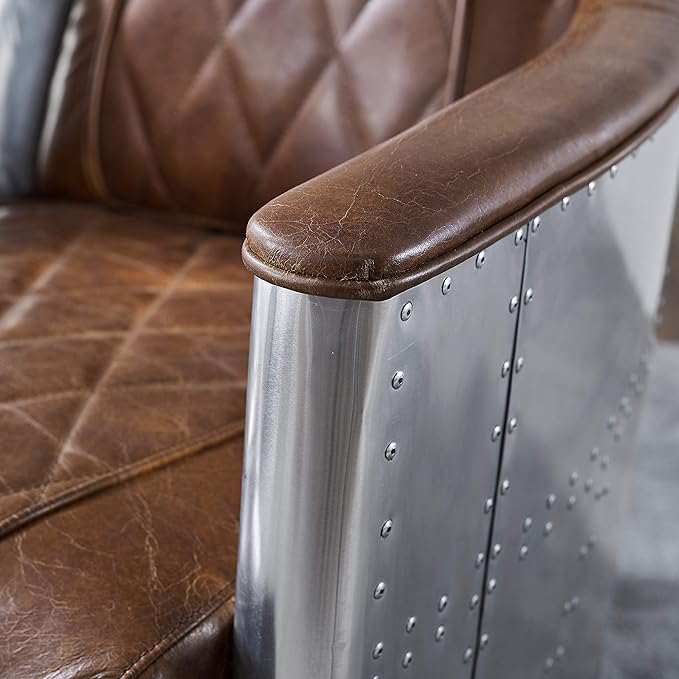 Zouron Genuine Leather Living Room Chair Mid Century Modern Single Sofa Chair in Aluminum Vintage Barrel Accent Chair for Living Room Bedroom Home Office Cognac