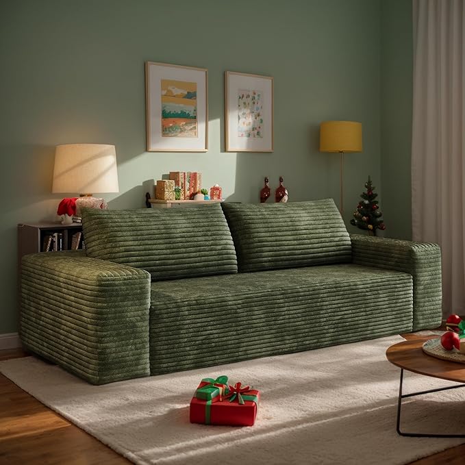 71 W Corduroy Boneless Couch 3-Seater Compression Sofa with Deep Seat No Assembly Required Comfy Loveseat Sofa with 2 Pillows Sofa Couches for Living Room/Apartment (Green 71 inch) | Breathable