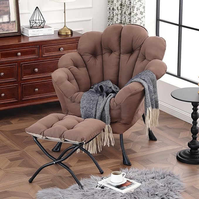 Lazy Chair with Ottoman Modern Floral Reading Chair with Folding Footrest Dark Brown Accent Chairs Comfortable Oversized Armchairs for Bedroom Living Room Courtyard