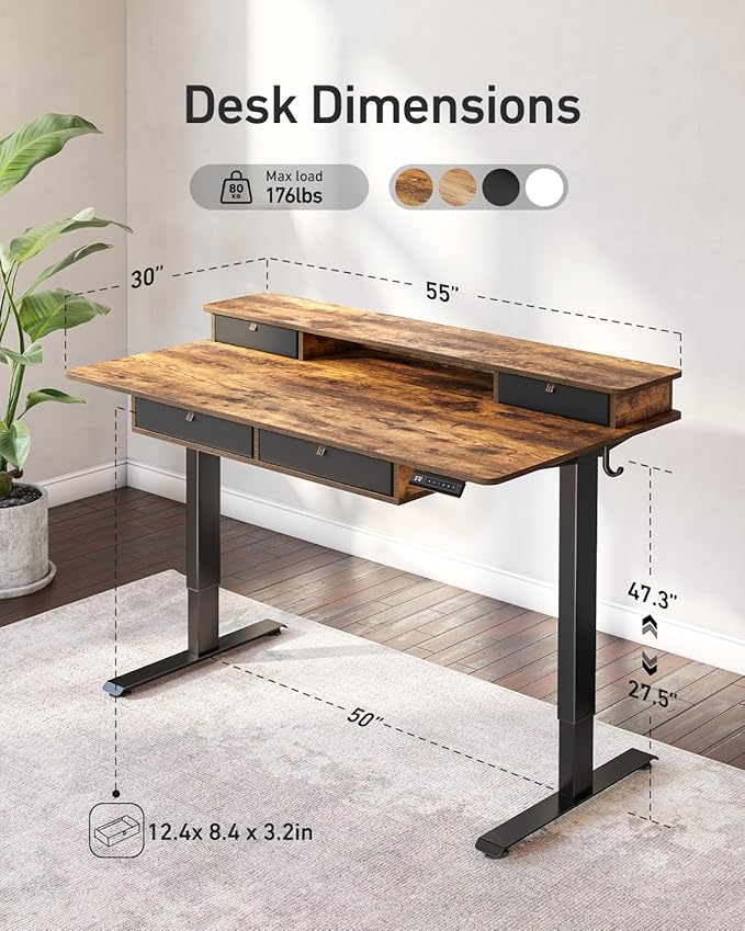 CubiCubi 55 x 30 Standing Desk with Drawers Height Adjustable Electric Workstation Computer Sit Stand Up Table with Large Storage Shelf 4 Drawers and 2 Hooks Rustic Brown