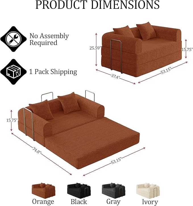 HouseMila 53.15 Convertible Sofa Bed4-in-1 Futon Sofa Bed Modular Loveseat Sleeper Folding Pull Out Couch with Pillows No Assembly Required Boneless Couch for Living Room Bedroom Guest RoomOrange