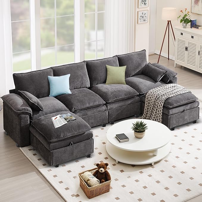 130 Modular Sectional Sofa U Shaped with Storage Chenille Cloud Couch for Small Spaces Living Room Apartment Comfy Deep Seat with Reversible Ottoman (6 Seats Grey)