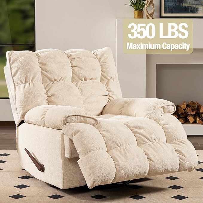 Dozzy Oversized Rocker Recliner ChairOverstuffed Rocking Chair with Breathable Velvety Fabric Soft Padded Headrest and Armrest Manual Recliner Extra Large Living Room Chair Up to 350 LBS White