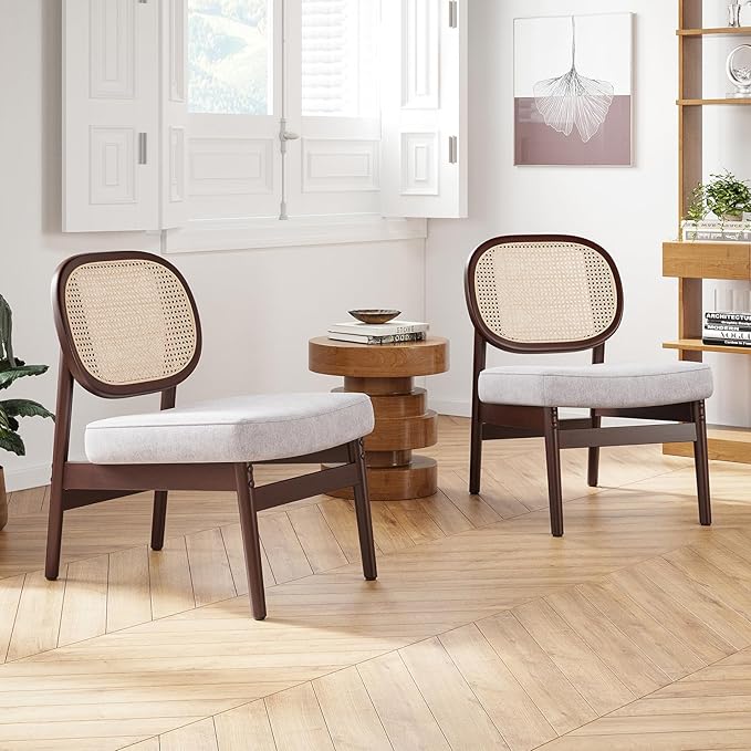 Farini Rattan Accent Chair Upholstered Living Room Chair with Rattan Back &amp Wood Frame Mid-Century Modern Reading Chair for Living Room Bedroom Beige