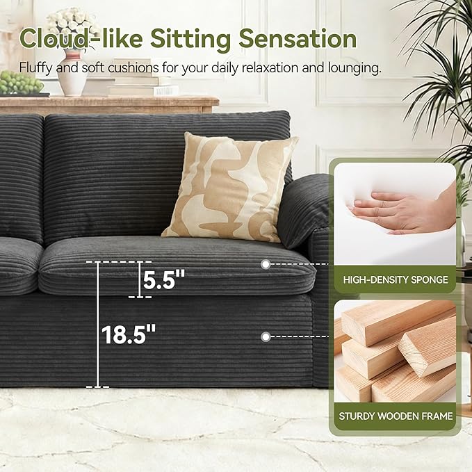 86 Loveseat Sofa Grey Corduroy CouchModern Cloud Sofa Love Seat Deep Seat Slipcovered Sofa with 2 Wide Armrest Pillows for Small Spaces Apartment Studio Office Bedroom Living Room