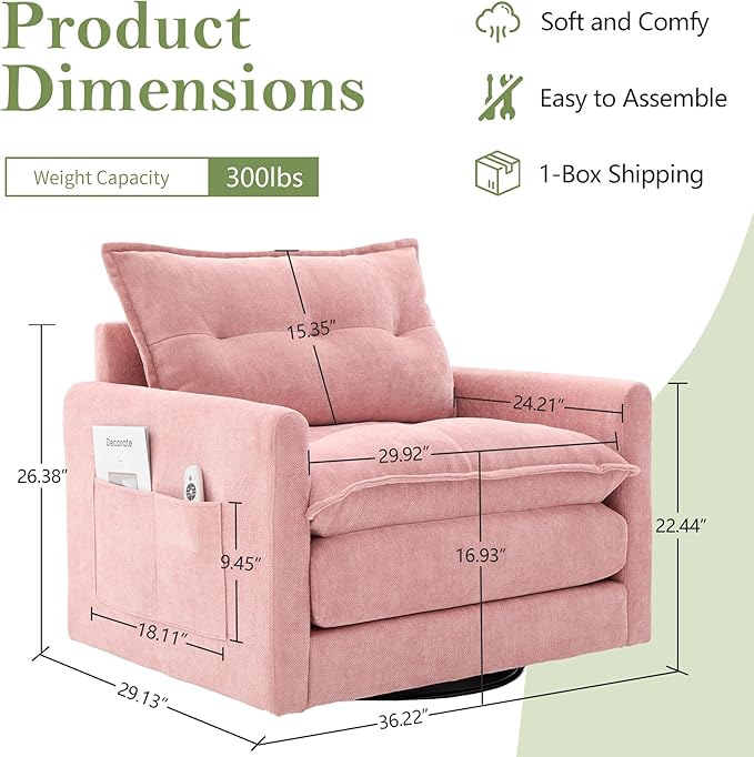 cinkehome Oversized Swivel Chair 36 Swivel Armchair Accent Chair for Living Room Mid Century Modern Thick Padded Arm Chairs Memory Foam Chenille Fabric