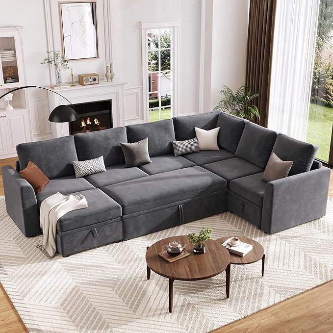 Garvee Sectional Sleeper Couch with Pull Out Sofa Bed Corduroy Modular Sectional Sofa L Shaped 5 Seat Couch with Storage Seat Sectional Couches for Living Room