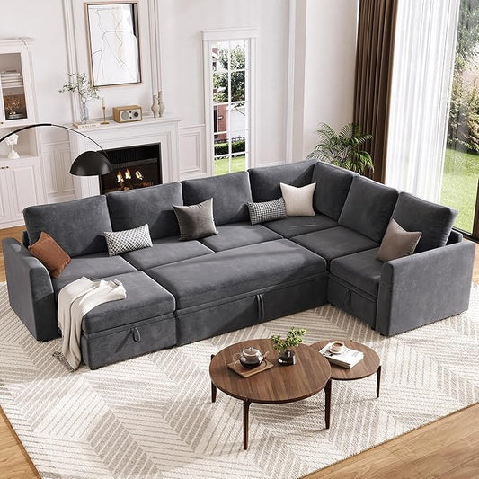 Garvee Sectional Sleeper Couch with Pull Out Sofa Bed Corduroy Modular Sectional Sofa L Shaped 5 Seat Couch with Storage Seat Sectional Couches for Living Room