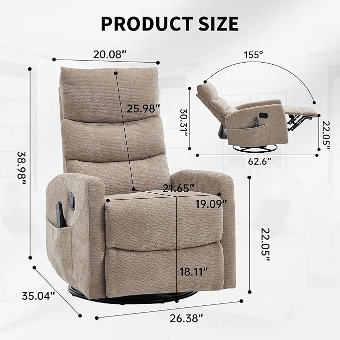 KEIKI Standard Massage Recliner Chair with Heat Swivel Rocker for Living Room Heated Home Theater Seating with Vibration Modes in Chenille