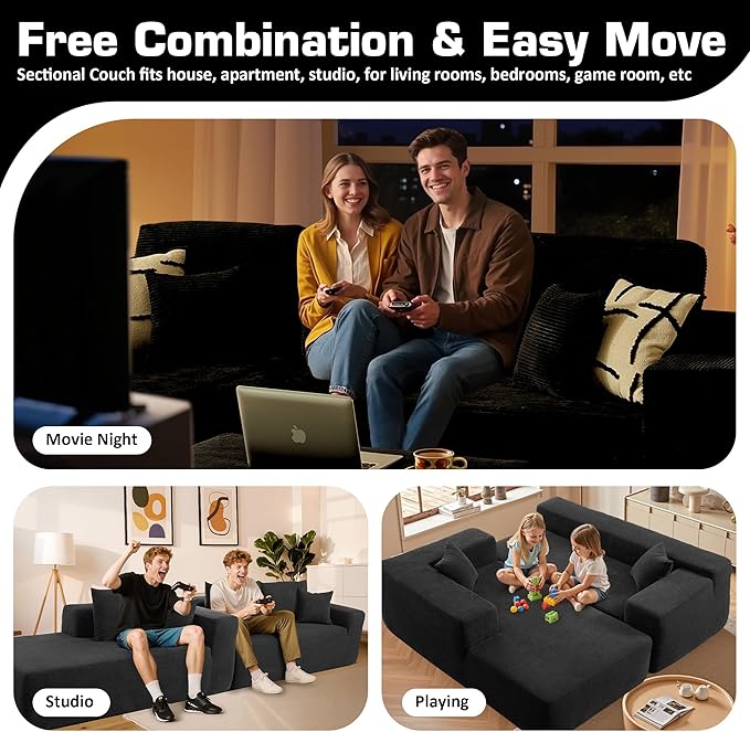 106 Cloud Sectional Couch with L-Shape Chaise &amp Ottoman No Assembly Modular Sofa Deep Seat Corduroy Boneless Couched for Living Room (Black Stripe Corduroy L Shape with Ottoman-Left Facing)