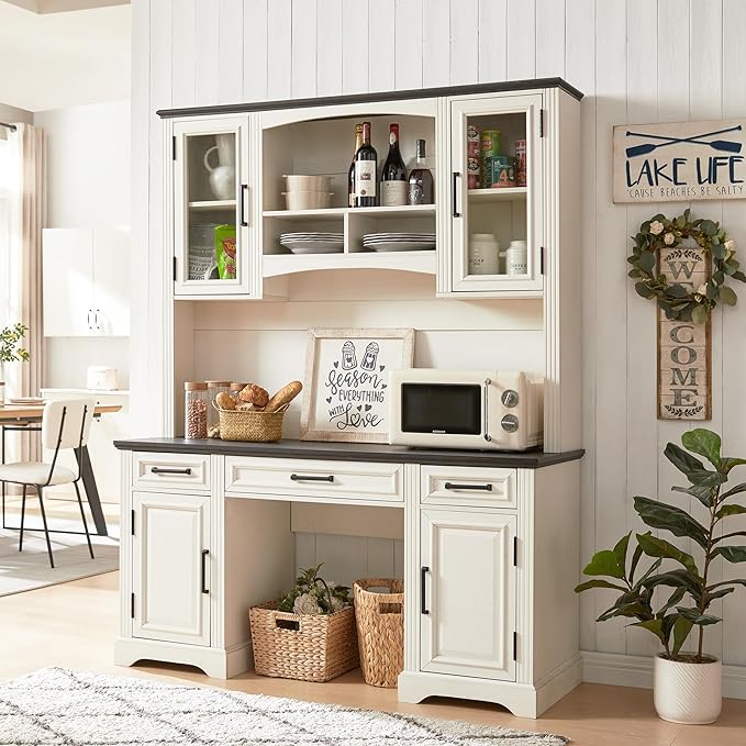 JXQTLINGMU Farmhouse 76 Height Computer Desk with Hutch Office Desk with Charging Station Drawers and Storage Cabinet Workstation for Office Home Off White