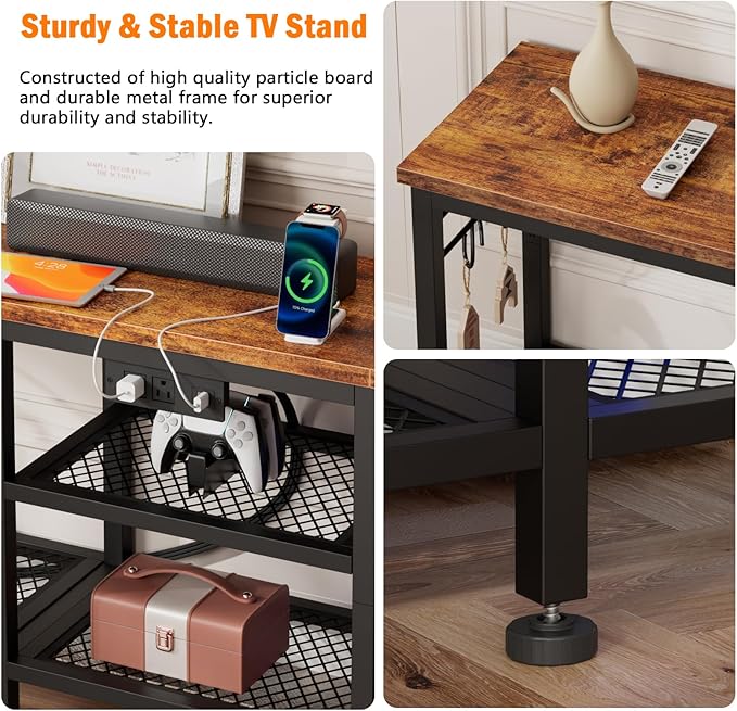Furologee TV Stand with Power Outlets Entertainment Center with Open Storage Shelves for TVs up to 55 Inch Media Console Table with Soundbar Shelf for Living Room Bedroom Rustic Brown