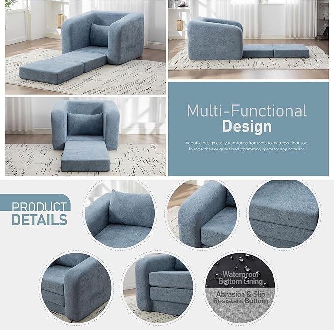 Light Blue Folding Sofa Bed Single - 40 Convertible Chenille Cloud Sleeper Lounge Chair with Floor Mattress &amp Pillow No Assembly Boneless Fold Out Couch for Bedroom Livingroom (Light Blue 40 W
