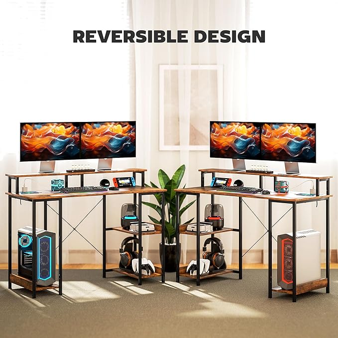 HOMCOM 47 Gaming Desk with Power Outlets and LED Lights Reversible Computer Desk with Monitor Stand and 2-Tier Storage Shelves Cable Management for Home Office Rustic Brown