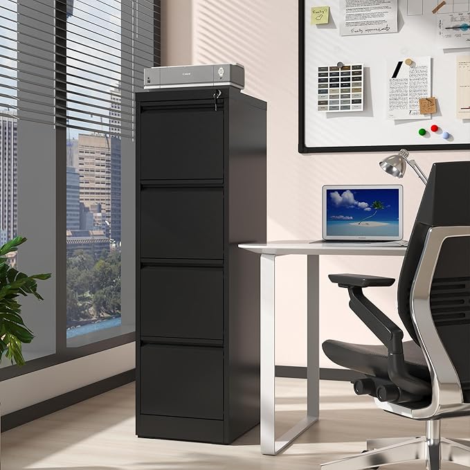 4 Drawer Small File Cabinet with Lock Under Desk Storage Cabinet Organizer Filing Cabinets for Home Office with Locking DrawersBlack
