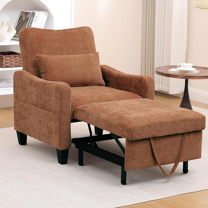 3 in 1 Convertible Sofa Bed Chair Pull Out Single Sleeper Chair Bed with Adjustable Backrest Modern Lounge Sofa for Small Space Orange