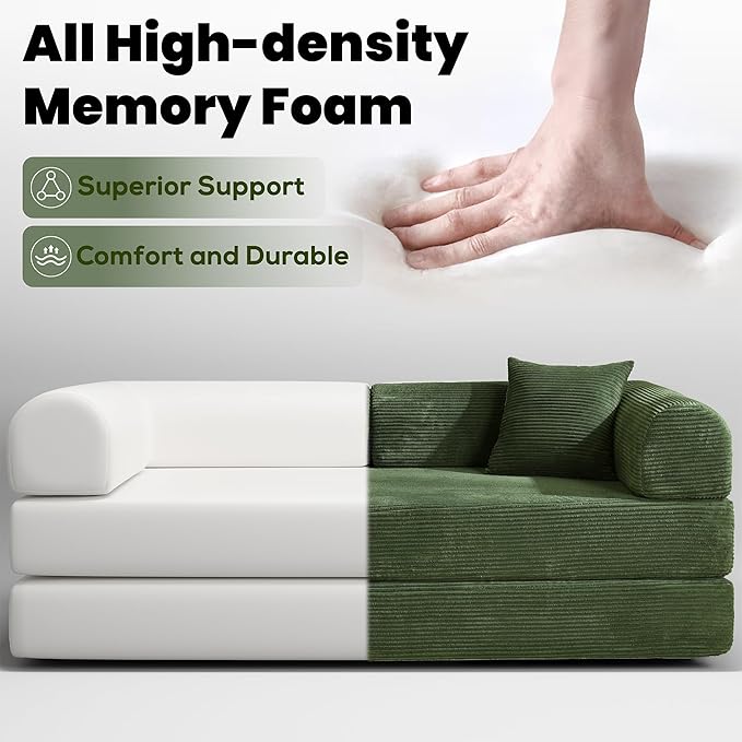 79 Convertible Sofa Bed Boneless Corduroy Sleeper Foldable Modular Couch Memory Foam Compressed Sofa in A Box Folding Mattress Floor Couch for Small Space Living Room Apartment Bedroom Green