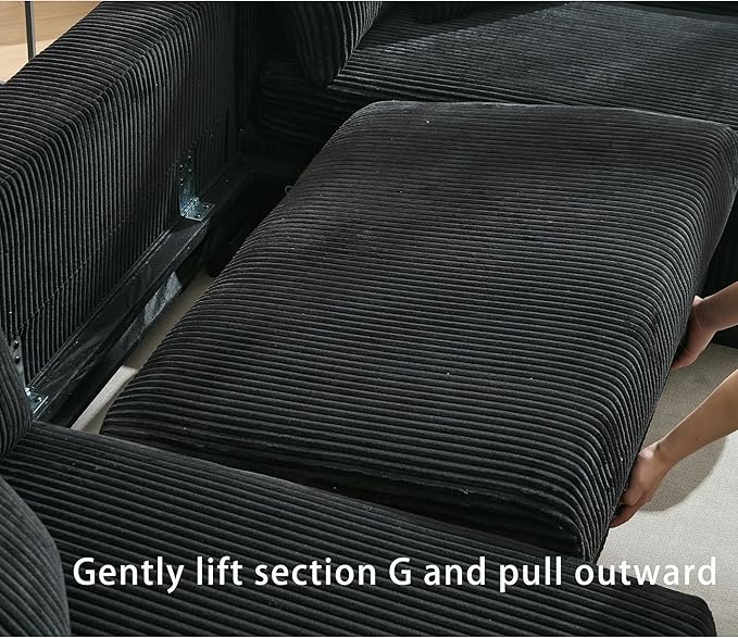 KEIKI 114 U-Shaped Corduroy Sleeper Sectional Sofa with Pull-Out Bed Adjustable Backrest 2 Chaise Lounge 2 Pillows Convertible 4-Seater Upholstered Couch Easy Assembly for Living Room Black