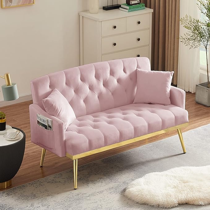 Antetek Upholstered Velvet Loveseat Sofa Modern Small Couch with Side Pocket and Golden Metal Legs Tufted Leisure Sofa for Living Room Bedroom Office Pink
