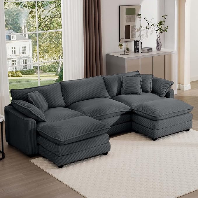 Oversized Modular Sectional Sofa 114.5'' Modern Corduroy Comfy Cloud Couches for Living Room Apartment U-Shaped Deep Seat 3-Seater Sofa with Two Movable Ottoman Grey