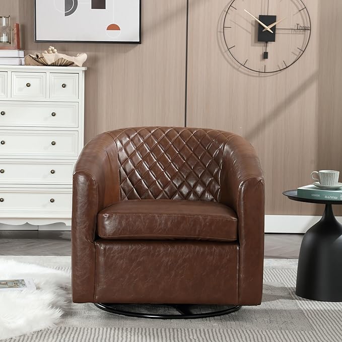 Modern Swivel Rocker Accent Chair Armchair Round Swivel Barrel Chair 360° Rotating and Glide Back and Forth Brown PU Leather