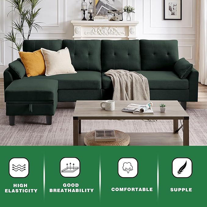 102 Convertible Sectional Sofa Modern L Shaped Couch with Storage Ottoman and Side Pockets 4 Seater Sofa for Living Room Apartment Green