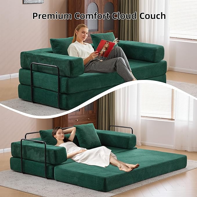 Convertible Floor Sofa Bed Fold Out Floor Couch with Pillow Back &amp Armrest Compressed Couch with Fixed-Shape Frame Corduroy Foldable Sleeper Sofa Bed for Living Room Bedroom Dark Green