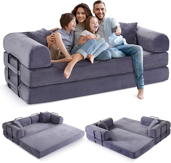 Convertible Folding Sofa Bed Corduroy Sleeper Mattress Couch with Fixed-Shape Frame Free Combination Loveseat Lounge Floor Sofa Queen Size Memory Foam Couch for Living Room Bedroom Ash Grey