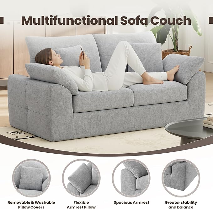 76 Boneless Loveseat Sofa Cloud Foam Couch 3 Seater Upholstered Midcentury Mondern Love Seat Wide Armrest and 4 Pillows for Home Living Room/Small Spaces No Assembly Required Grey