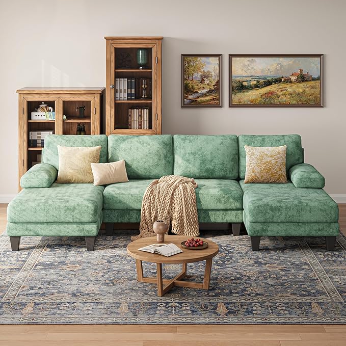Sectional Couches for Living Room | 112 Inch U-Shaped Sectional Couch | 4 Seat Sofa Set with Double Chaise for Apartment | Green Chenille